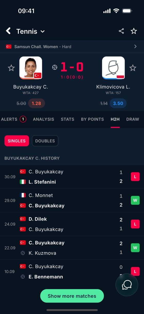 Head-to-head and recent results of a player in BetClutch