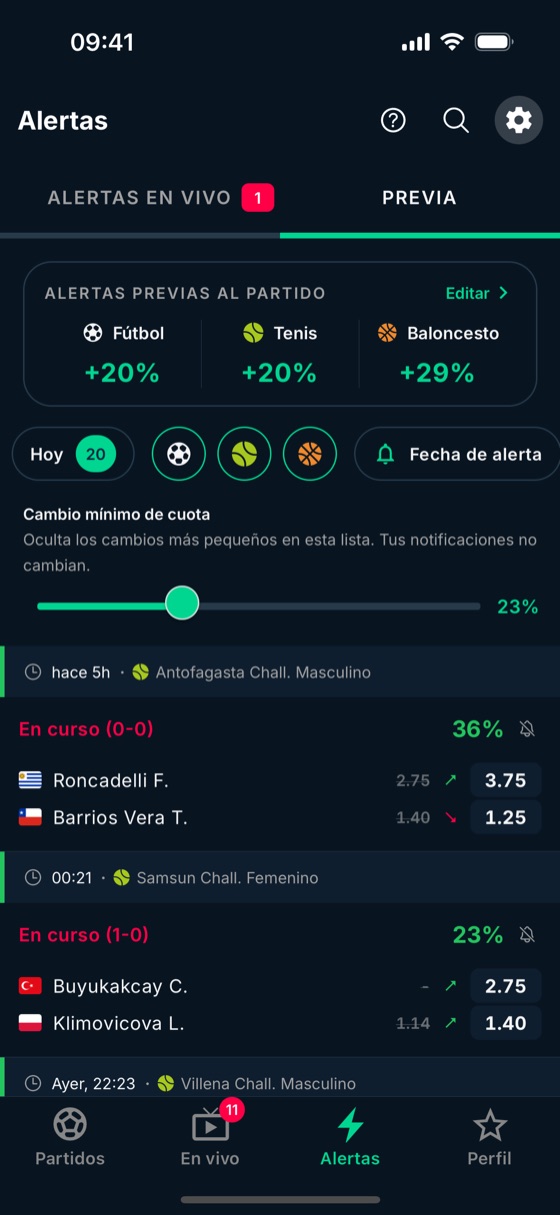 Alertas prepartido en BetClutch: cuota de apertura, cuota actual y movimiento en porcentaje