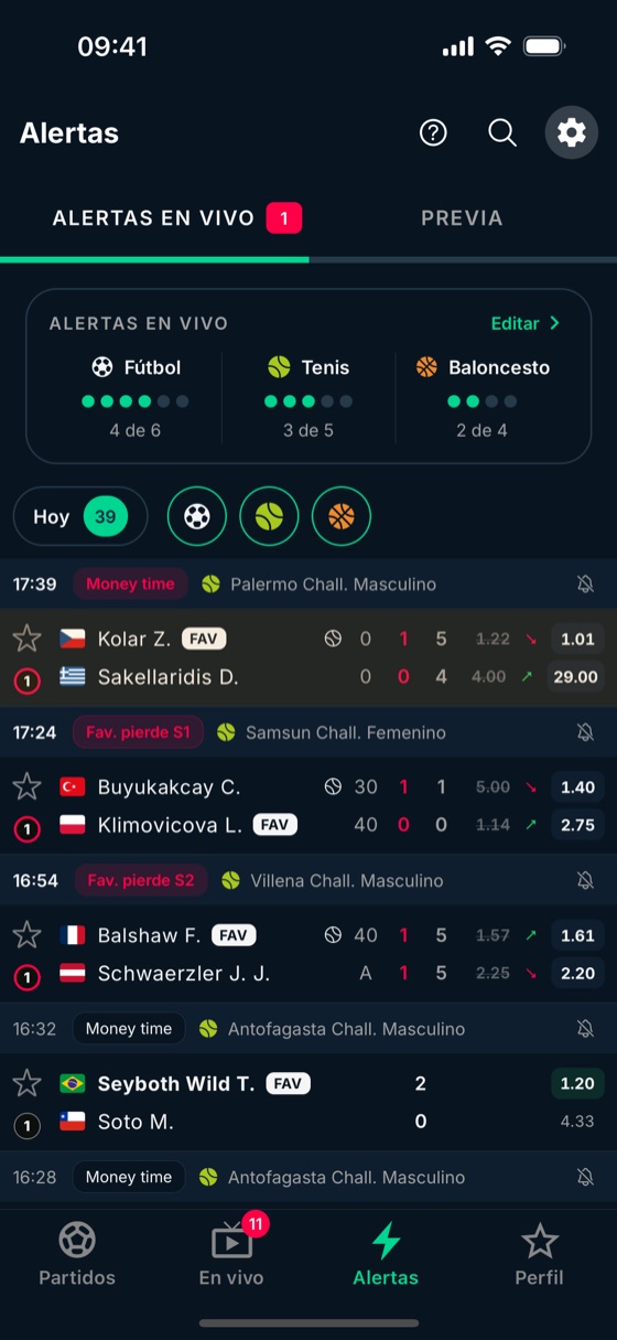 Alertas en vivo en BetClutch: favorito perdiendo en el set 1 o en el set 2, con el marcador y la cuota en vivo