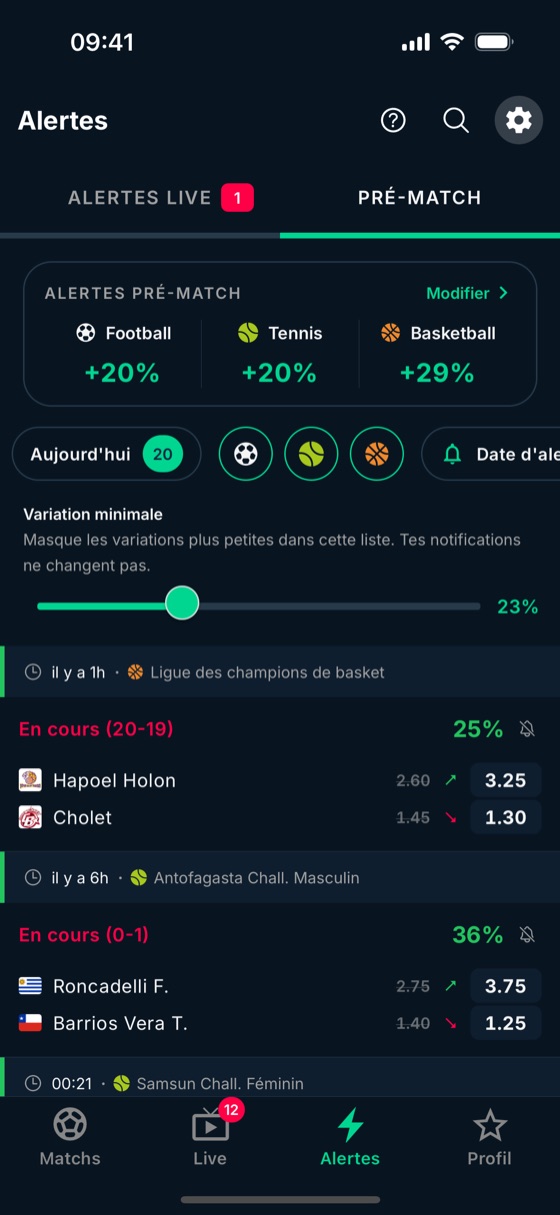 Les alertes d'avant-match dans BetClutch : cote d'ouverture, cote du moment et variation en pourcentage